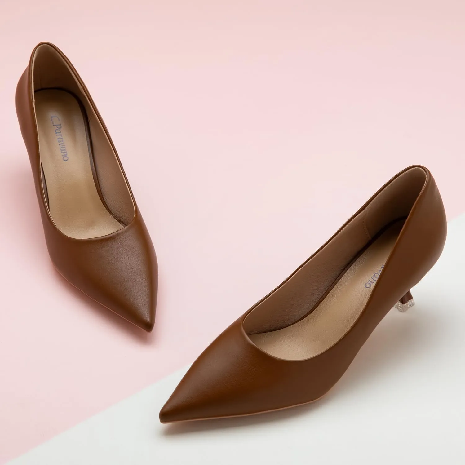 C.Paravano Classic Women's Pumps Metal Square Buckle Pointy Heels for Ladies Stiletto Heel Pointed Toe Dressy Womens Heels Comfortable Office Wear