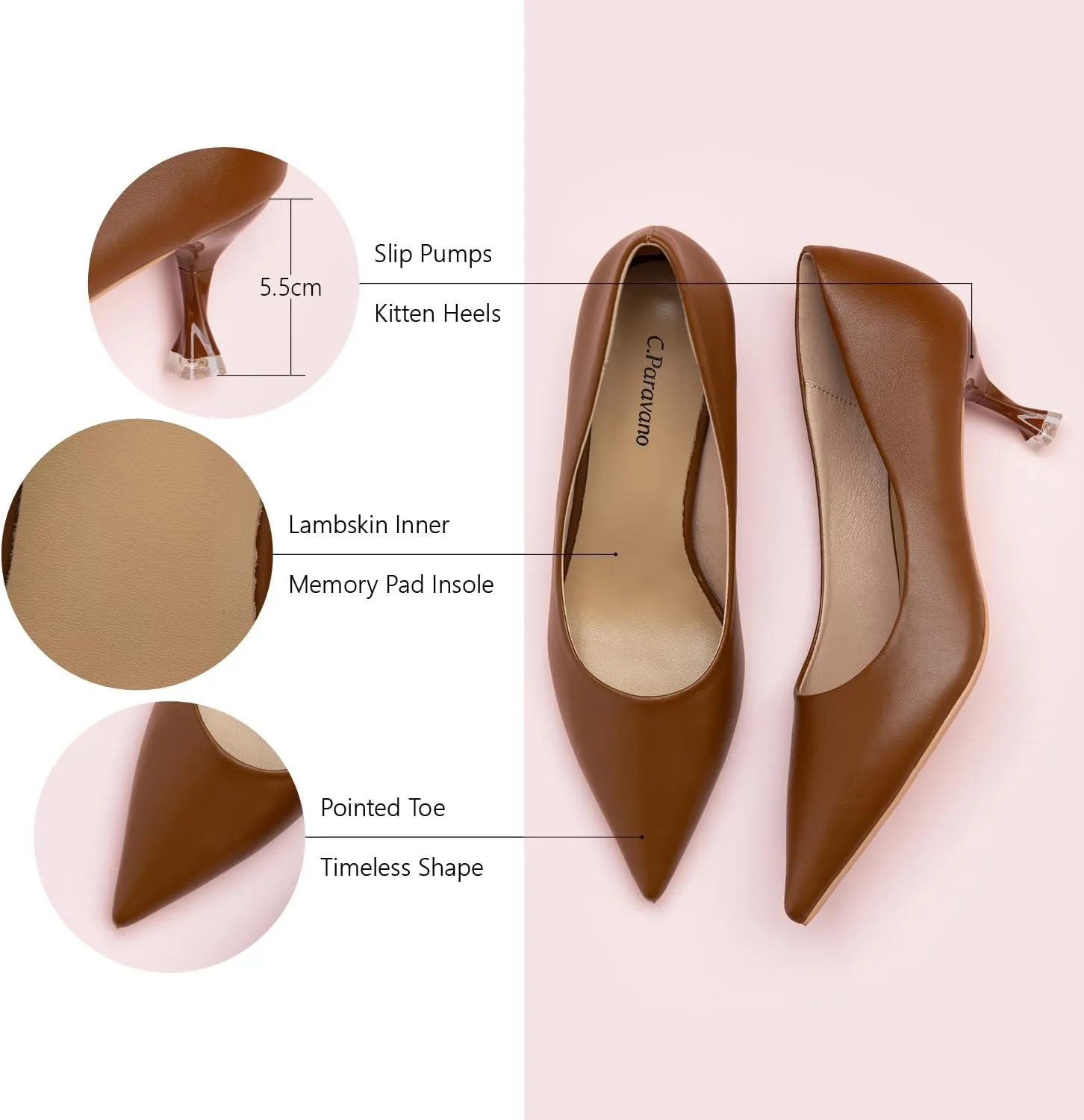 C.Paravano Classic Women's Pumps Metal Square Buckle Pointy Heels for Ladies Stiletto Heel Pointed Toe Dressy Womens Heels Comfortable Office Wear