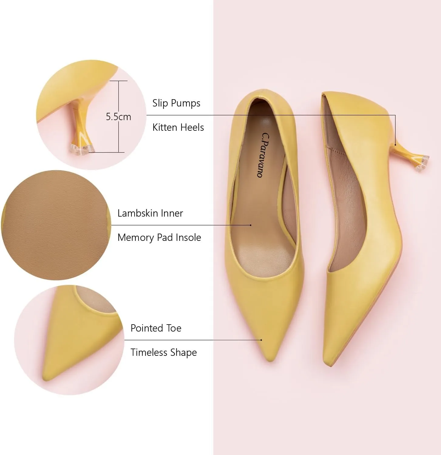 C.Paravano Classic Women's Pumps Metal Square Buckle Pointy Heels for Ladies Stiletto Heel Pointed Toe Dressy Womens Heels Comfortable Office Wear