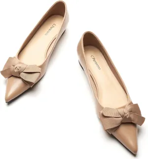 C.Paravano Pointy Bow Flats Women's Flats Ballet Shoes for Women（Camel,Size 5.5