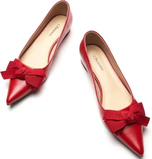 C.Paravano Pointy Bow Flats Women's Flats Ballet Shoes for Women（Red,Size 9