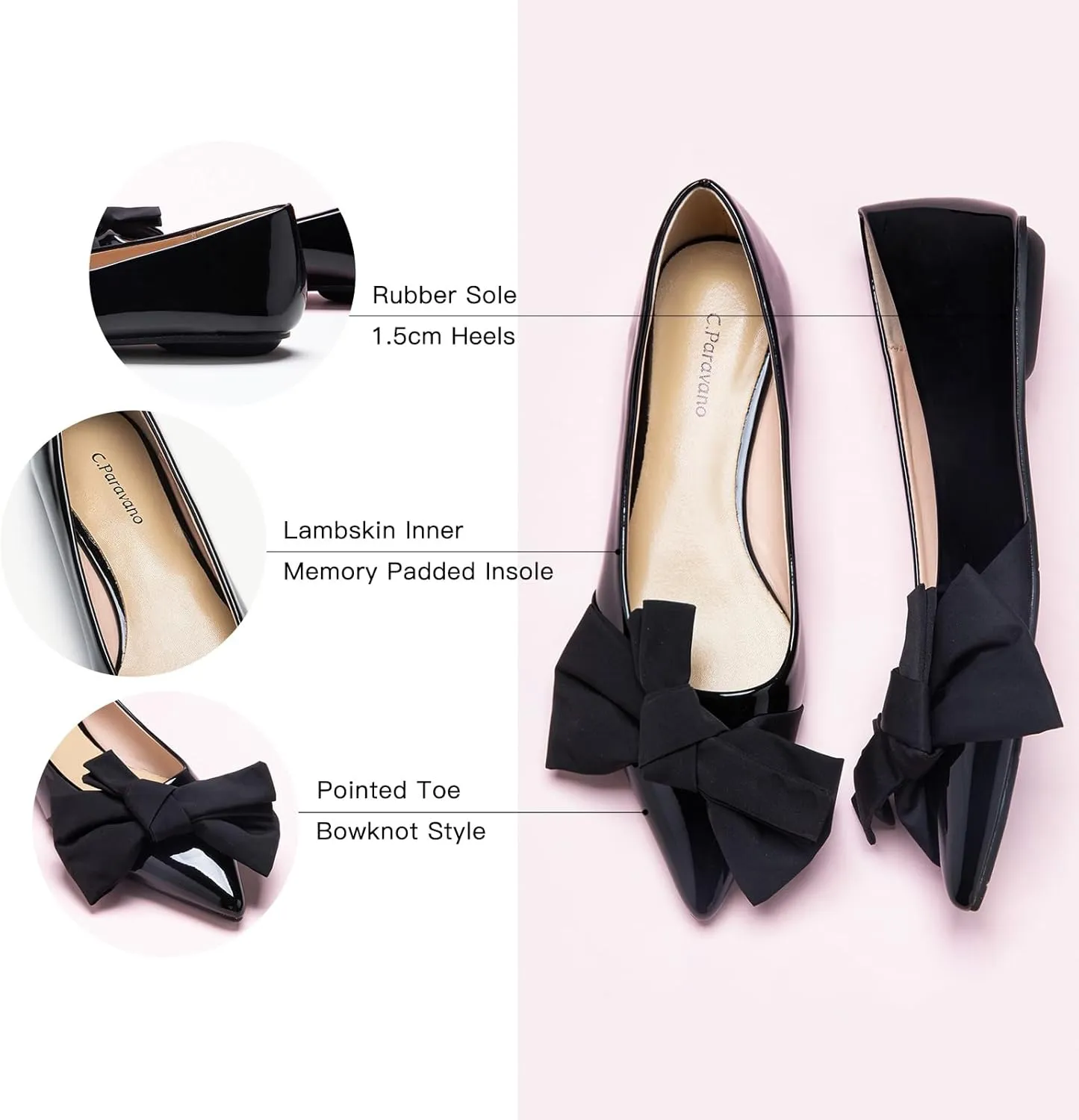 C.Paravano Pointy Bow Flats Women's Flats Comfortable Stylish Slip-On Shoes for Casual and Office