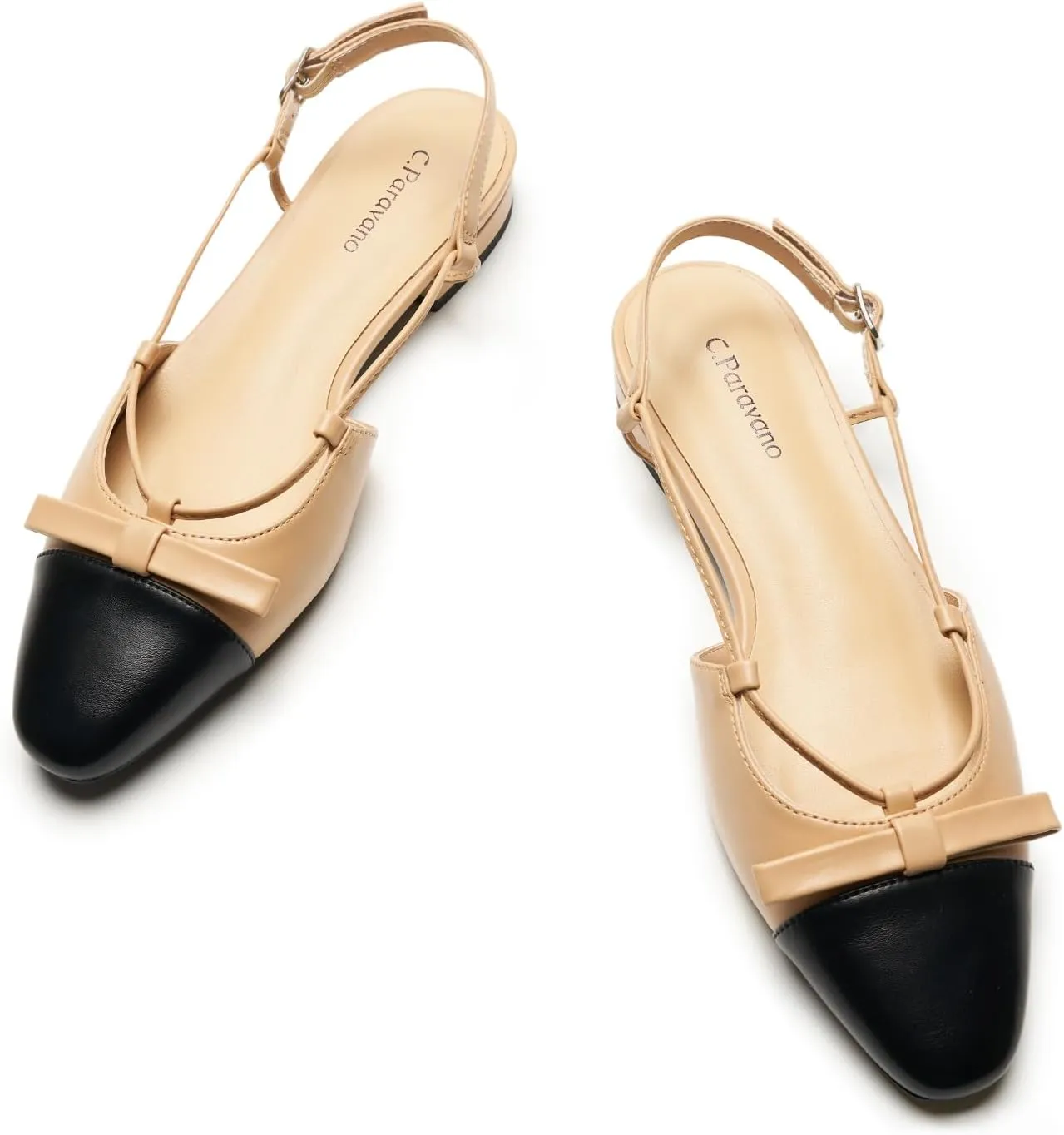 C.Paravano Women's Almond Toe Slingback Flats with Cap, Stylish Comfort Flats for Casual, Dressy, Office Wear