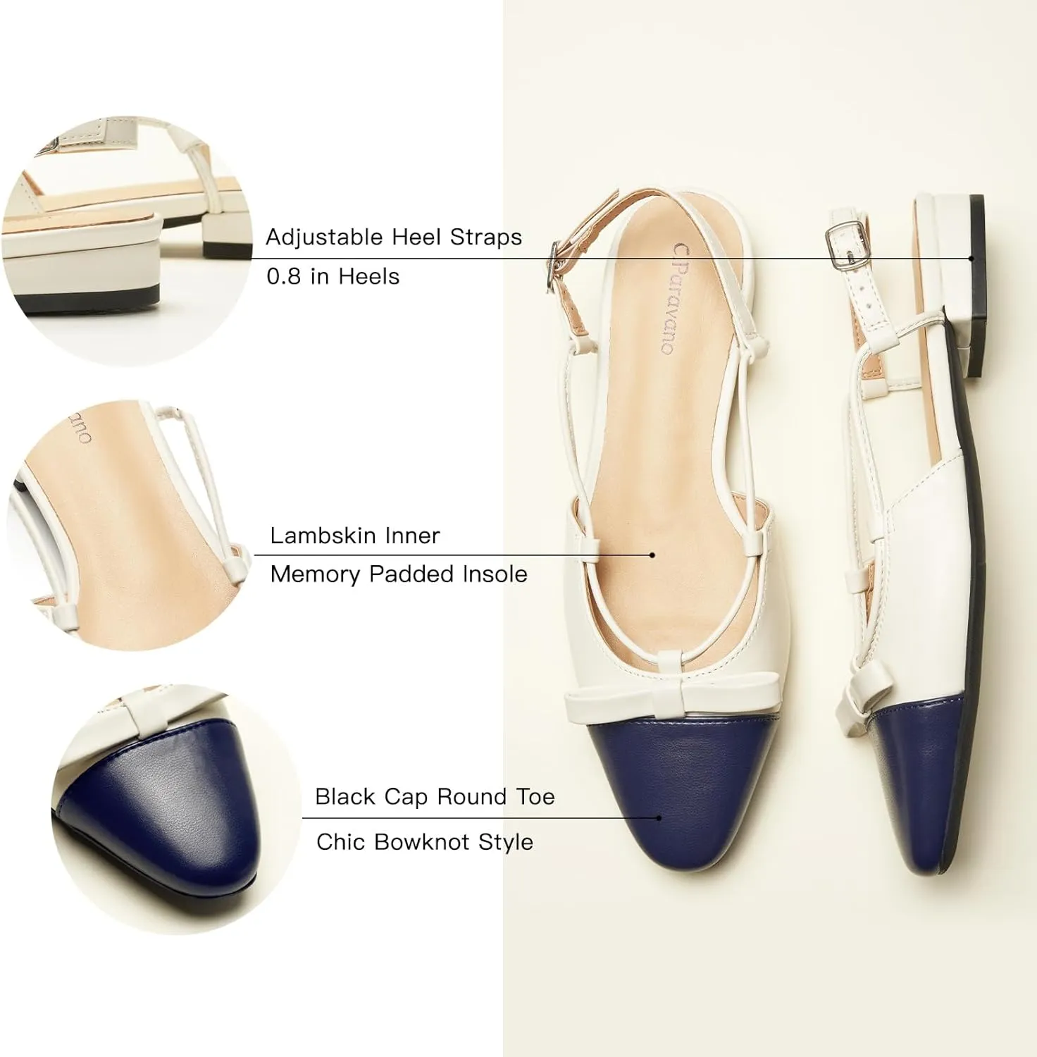 C.Paravano Women's Almond Toe Slingback Flats with Cap, Stylish Comfort Flats for Casual, Dressy, Office Wear