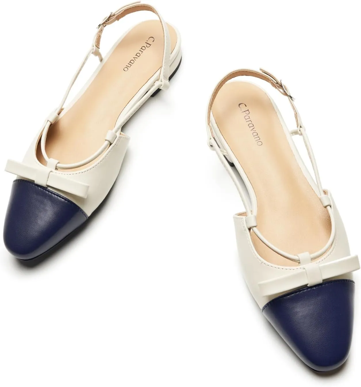 C.Paravano Women's Almond Toe Slingback Flats with Cap, Stylish Comfort Flats for Casual, Dressy, Office Wear