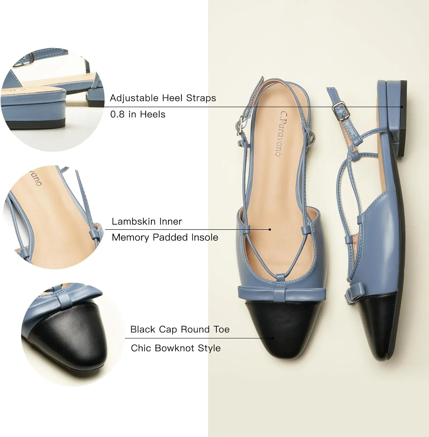 C.Paravano Women's Almond Toe Slingback Flats with Cap, Stylish Comfort Flats for Casual, Dressy, Office Wear