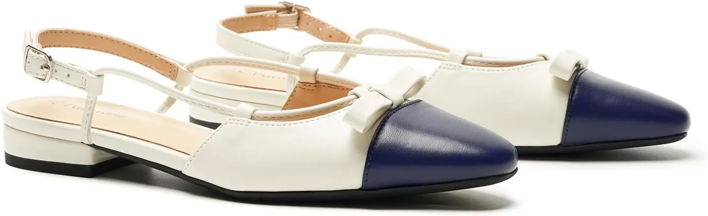 C.Paravano Women's Almond Toe Slingback Flats with Cap, Stylish Comfort Flats for Casual, Dressy, Office Wear