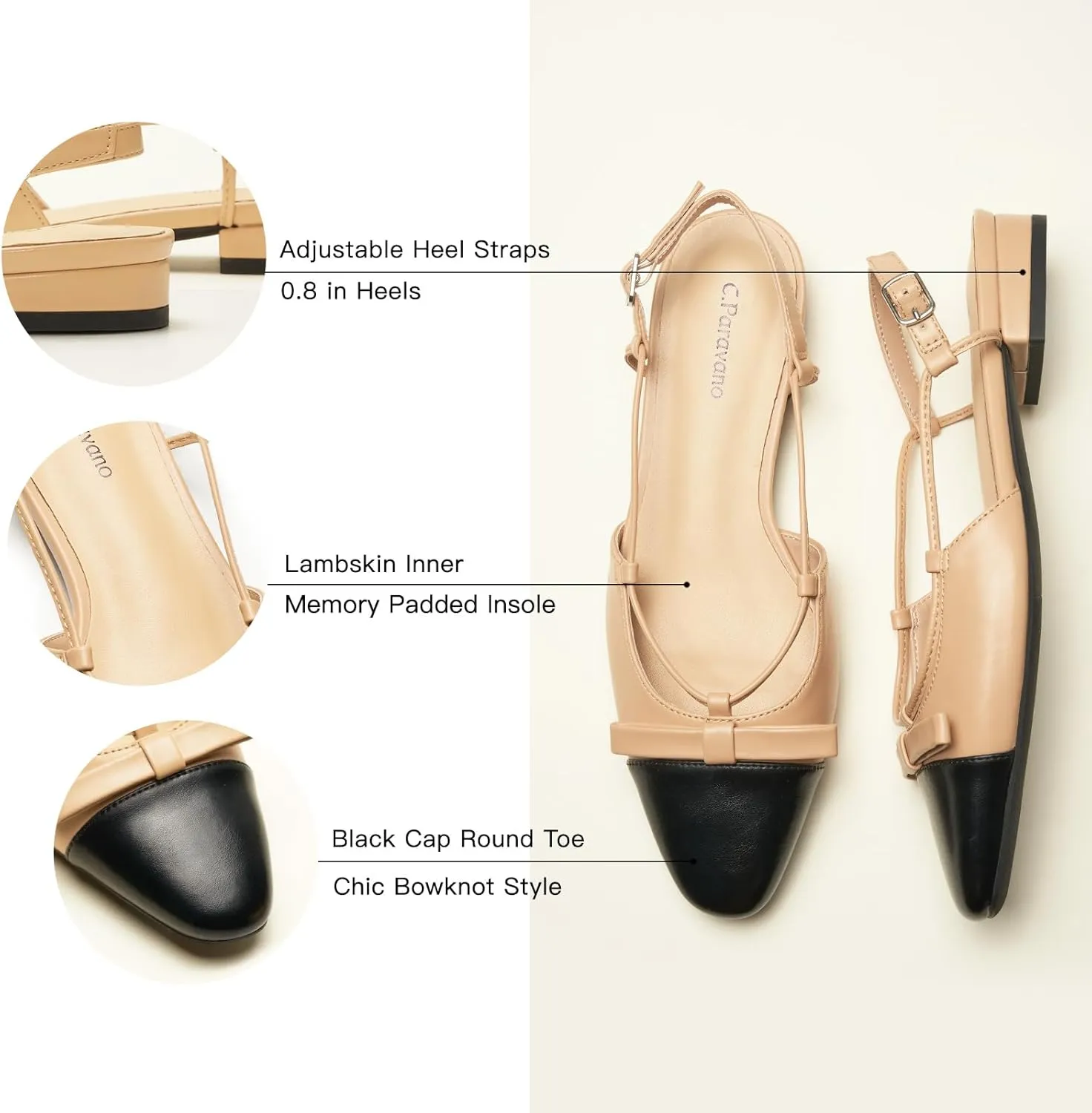 C.Paravano Women's Almond Toe Slingback Flats with Cap, Stylish Comfort Flats for Casual, Dressy, Office Wear