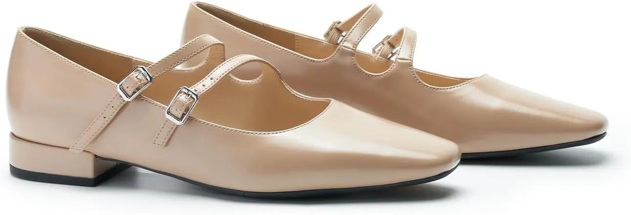 C.Paravano Women's Flats Mary Jane Flats Square Toe Block Heel Adjustable Double Straps Flats Fashion Casual Dressy Shoes for Office，Weddings & Cocktail Parties