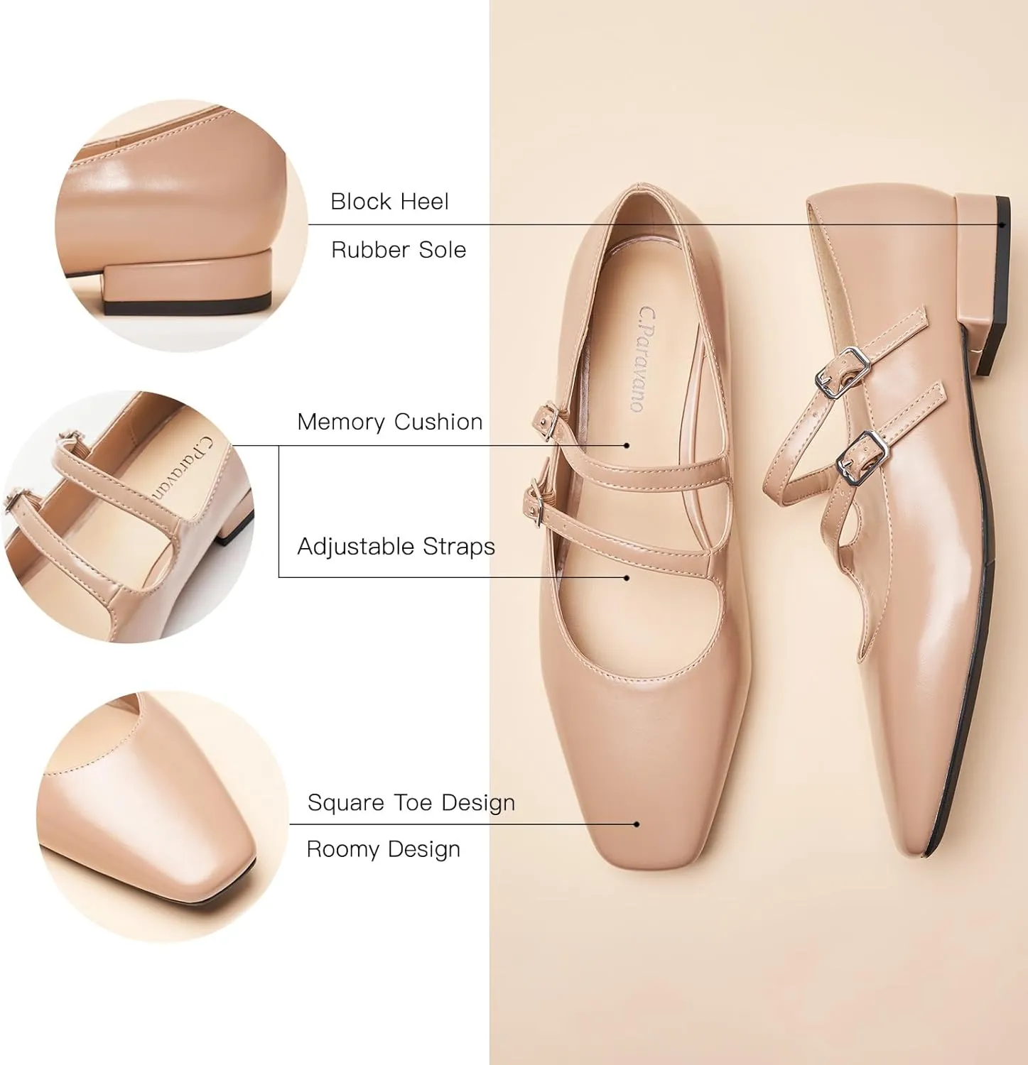 C.Paravano Women's Flats Mary Jane Flats Square Toe Block Heel Adjustable Double Straps Flats Fashion Casual Dressy Shoes for Office，Weddings & Cocktail Parties