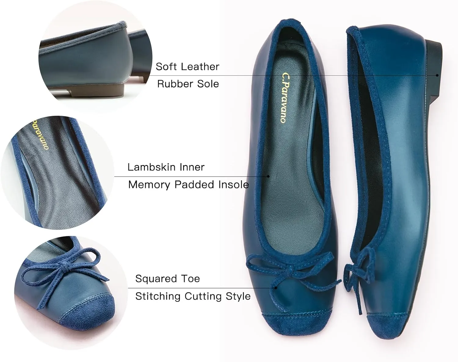 C.Paravano Women's Flats with Bowknot | Casual Slip On Dress Shoes | Comfortable Square Toe Shoes | Women Ballet Flats for Wedding Work Office Business