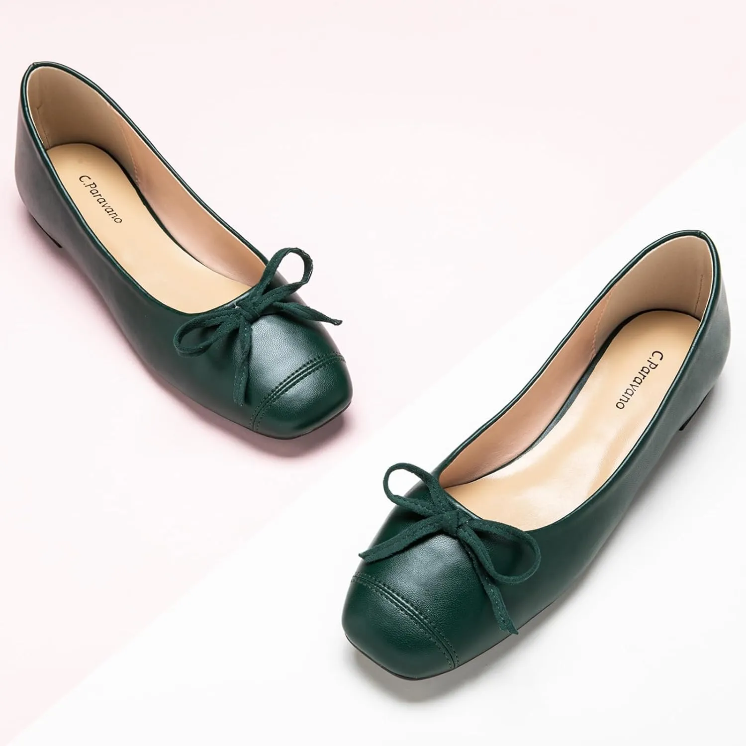 C.Paravano Women's Flats with Bowknot | Casual Slip On Dress Shoes | Comfortable Square Toe Shoes | Women Ballet Flats for Wedding Work Office Business
