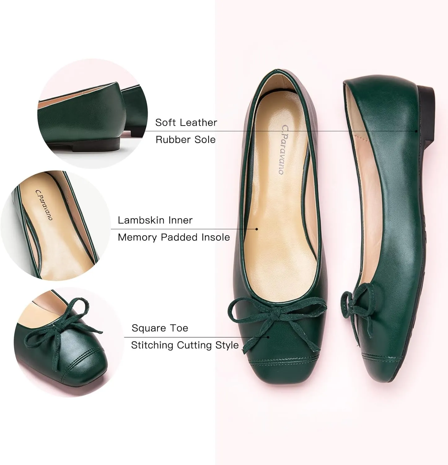 C.Paravano Women's Flats with Bowknot | Casual Slip On Dress Shoes | Comfortable Square Toe Shoes | Women Ballet Flats for Wedding Work Office Business
