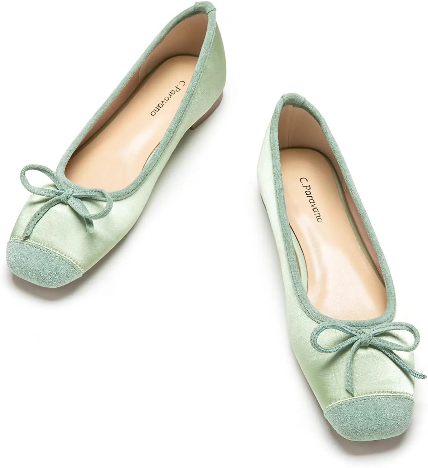 C.Paravano Women's Flats with Bowknot | Casual Slip On Dressy Shoes | Comfort Square Toe Green Shoes | Women Ballet Flats for Wedding Work Office Business(Size 6.5,Light Green)