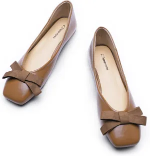C.Paravano Women's Flats with Bowknot, Comfort Square Toe Ballet Flats, Casual Slip On Brown Shoes Flat, Women Dress Shoes for Walking Wedding Work Office (Size 10,Brown)