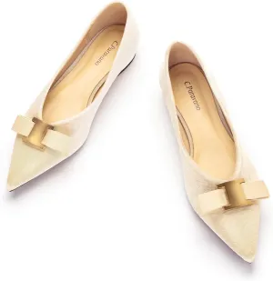 C.Paravano Women's Pointed Toe Ballet Flats with Bow Slip-On Dressy Flats for Women Comfortable Elegant Casual Shoes for Work Part Daily Wear(Beige,Velvet,Size 6.5)