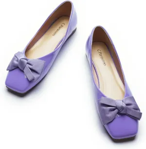 C.Paravano Women's Shoes with Bow | Casual Slip On Ballet Flats | Comfortable Square Toe Walking Shoes | Women Dressy Flats for Wedding Work Business Office