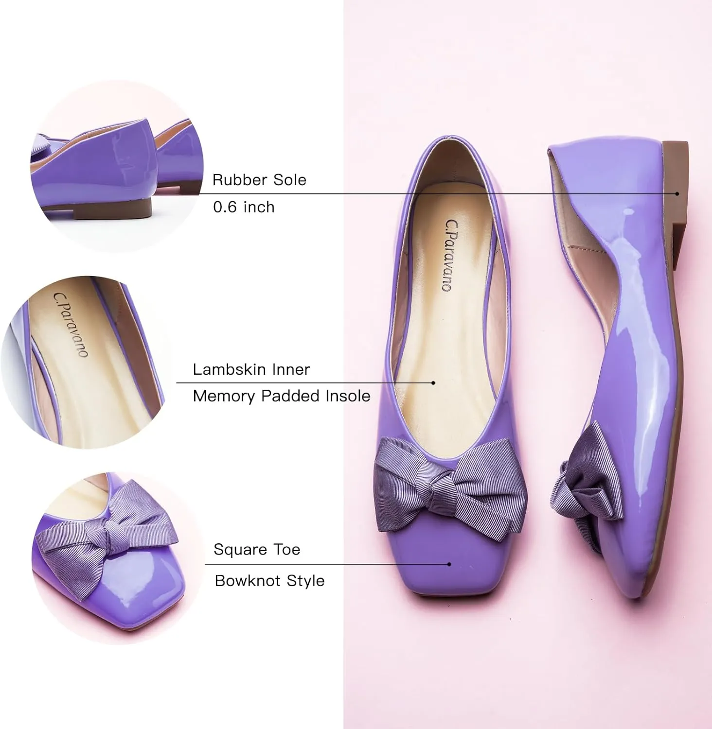 C.Paravano Women's Shoes with Bow | Casual Slip On Ballet Flats | Comfortable Square Toe Walking Shoes | Women Dressy Flats for Wedding Work Business Office