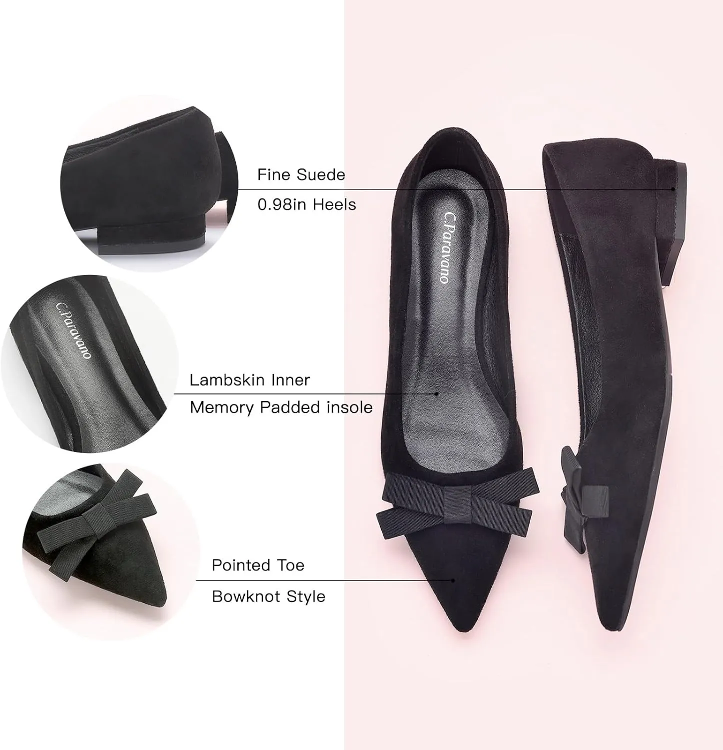 C.Paravano Women's Suede Bow Knot Ballet Flats Pointed Toe Slip-On Comfort Shoes for Casual & Formal Wear