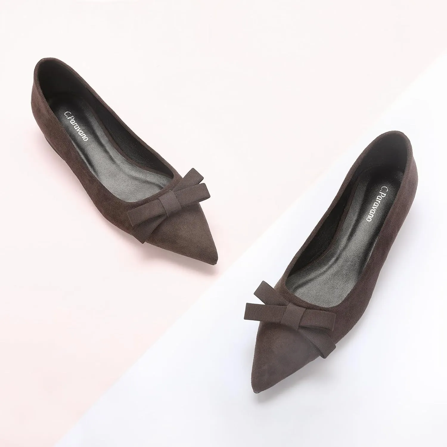 C.Paravano Women's Suede Bow Knot Ballet Flats Pointed Toe Slip-On Comfort Shoes for Casual & Formal Wear
