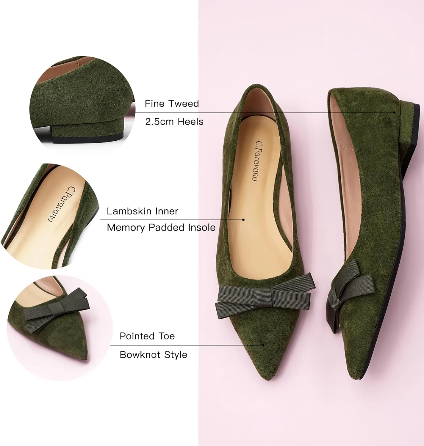 C.Paravano Women's Suede Bow Knot Ballet Flats Pointed Toe Slip-On Comfort Shoes for Casual & Formal Wear