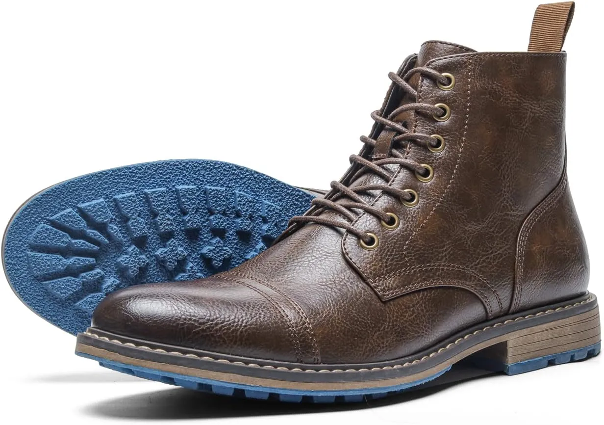 CrazycatZ Men's Combat Boots Biker Boots Wingtip Dress Casual Chukka Boot Cap Toe Shoes Vegan Leather Men Oxford Boots Shoes