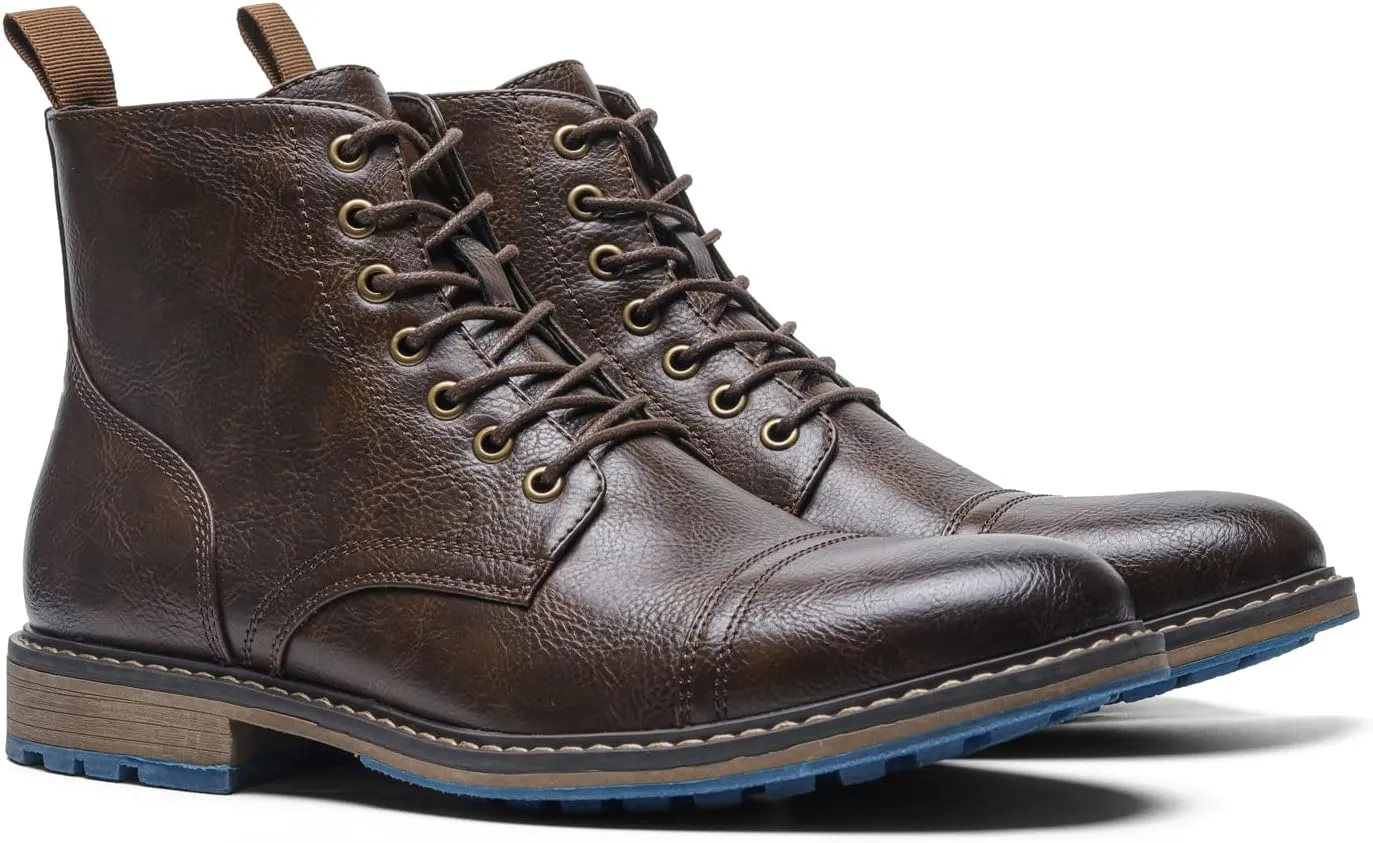 CrazycatZ Men's Combat Boots Biker Boots Wingtip Dress Casual Chukka Boot Cap Toe Shoes Vegan Leather Men Oxford Boots Shoes