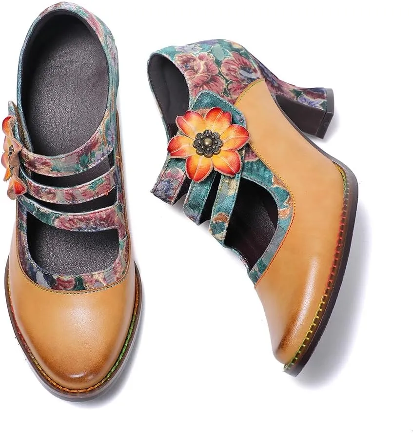 CrazycatZ Vintage Mary Jane Oxford Pumps, Two-Tone Lace and Leather, Block Heel,