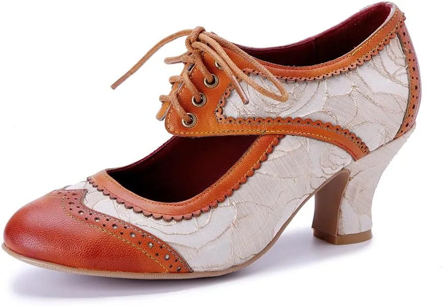 CrazycatZ Vintage Mary Jane Oxford Pumps, Two-Tone Lace and Leather, Block Heel,