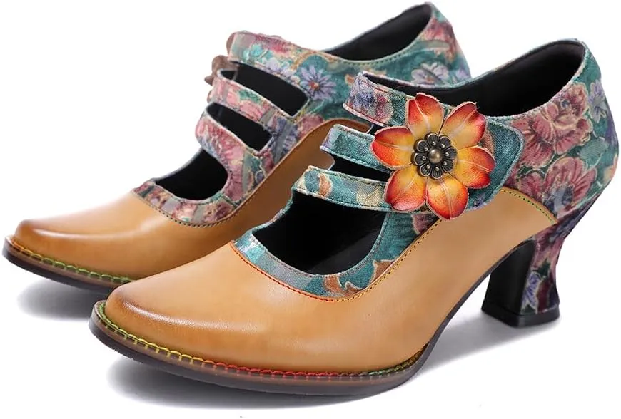 CrazycatZ Vintage Mary Jane Oxford Pumps, Two-Tone Lace and Leather, Block Heel,