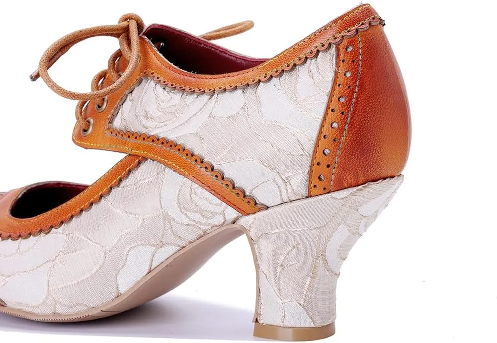 CrazycatZ Vintage Mary Jane Oxford Pumps, Two-Tone Lace and Leather, Block Heel,