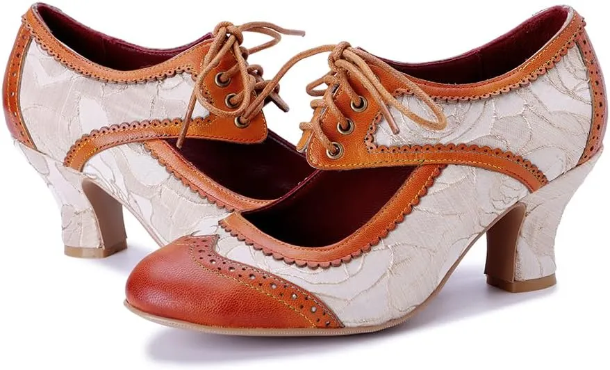 CrazycatZ Vintage Mary Jane Oxford Pumps, Two-Tone Lace and Leather, Block Heel,