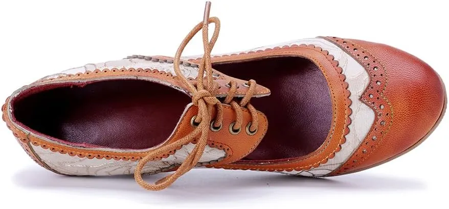 CrazycatZ Vintage Mary Jane Oxford Pumps, Two-Tone Lace and Leather, Block Heel,