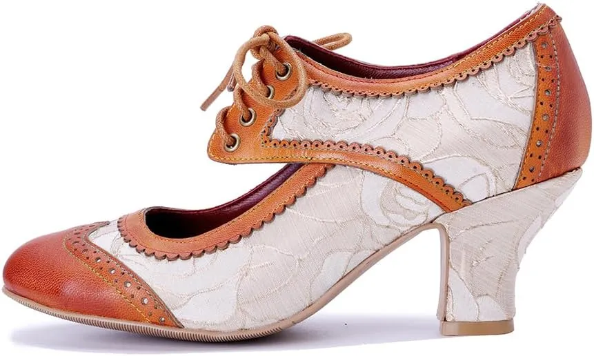 CrazycatZ Vintage Mary Jane Oxford Pumps, Two-Tone Lace and Leather, Block Heel,