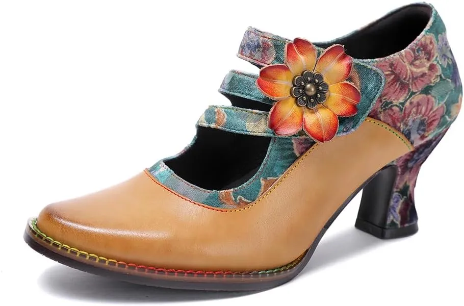 CrazycatZ Vintage Mary Jane Oxford Pumps, Two-Tone Lace and Leather, Block Heel,