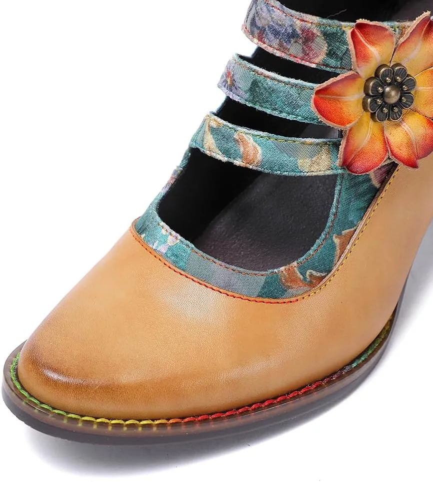 CrazycatZ Vintage Mary Jane Oxford Pumps, Two-Tone Lace and Leather, Block Heel,