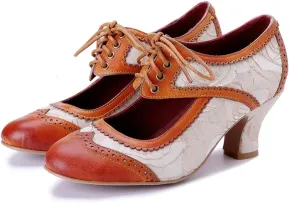 CrazycatZ Vintage Mary Jane Oxford Pumps, Two-Tone Lace and Leather, Block Heel,