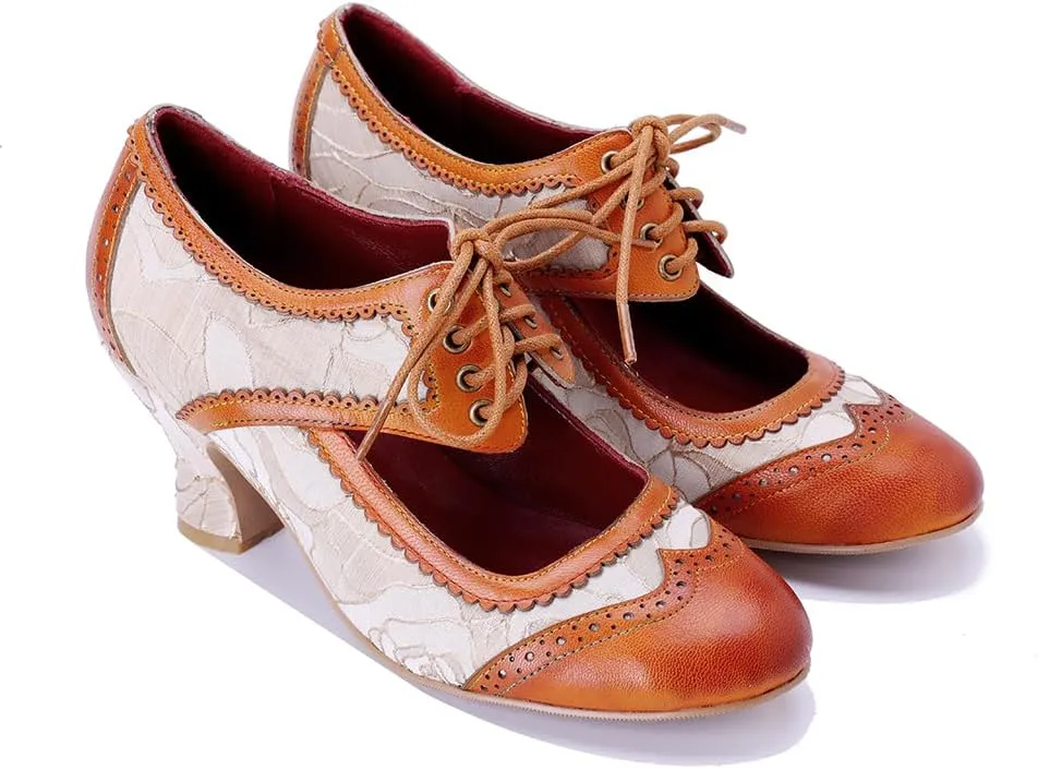 CrazycatZ Vintage Mary Jane Oxford Pumps, Two-Tone Lace and Leather, Block Heel,