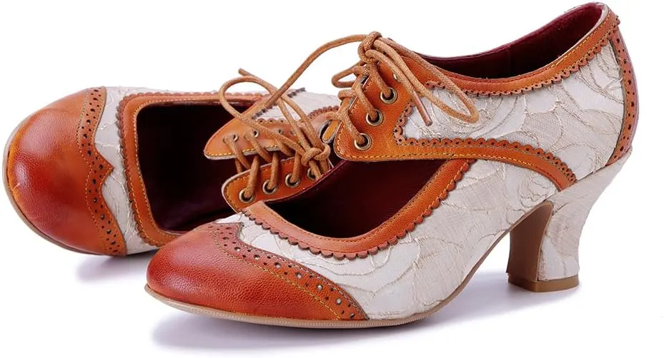 CrazycatZ Vintage Mary Jane Oxford Pumps, Two-Tone Lace and Leather, Block Heel,