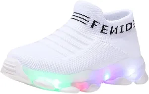 Crochet Light up Sneakers for Toddler Boys Kids Sole Non Slip Running Sport Shoes First Walking Lightweight Breathable