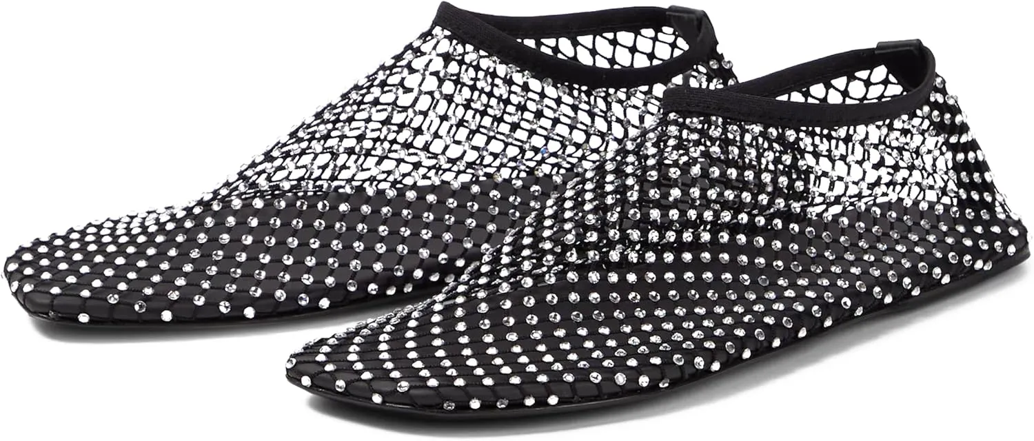 Crystal-Embellished Mesh Flats Square Toe Rhinestone Ballet Flat Slip On Ballerina Shoes Comfort Casual Glitter Flat Shoe for Woman