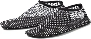 Crystal-Embellished Mesh Flats Square Toe Rhinestone Ballet Flat Slip On Ballerina Shoes Comfort Casual Glitter Flat Shoe for Woman