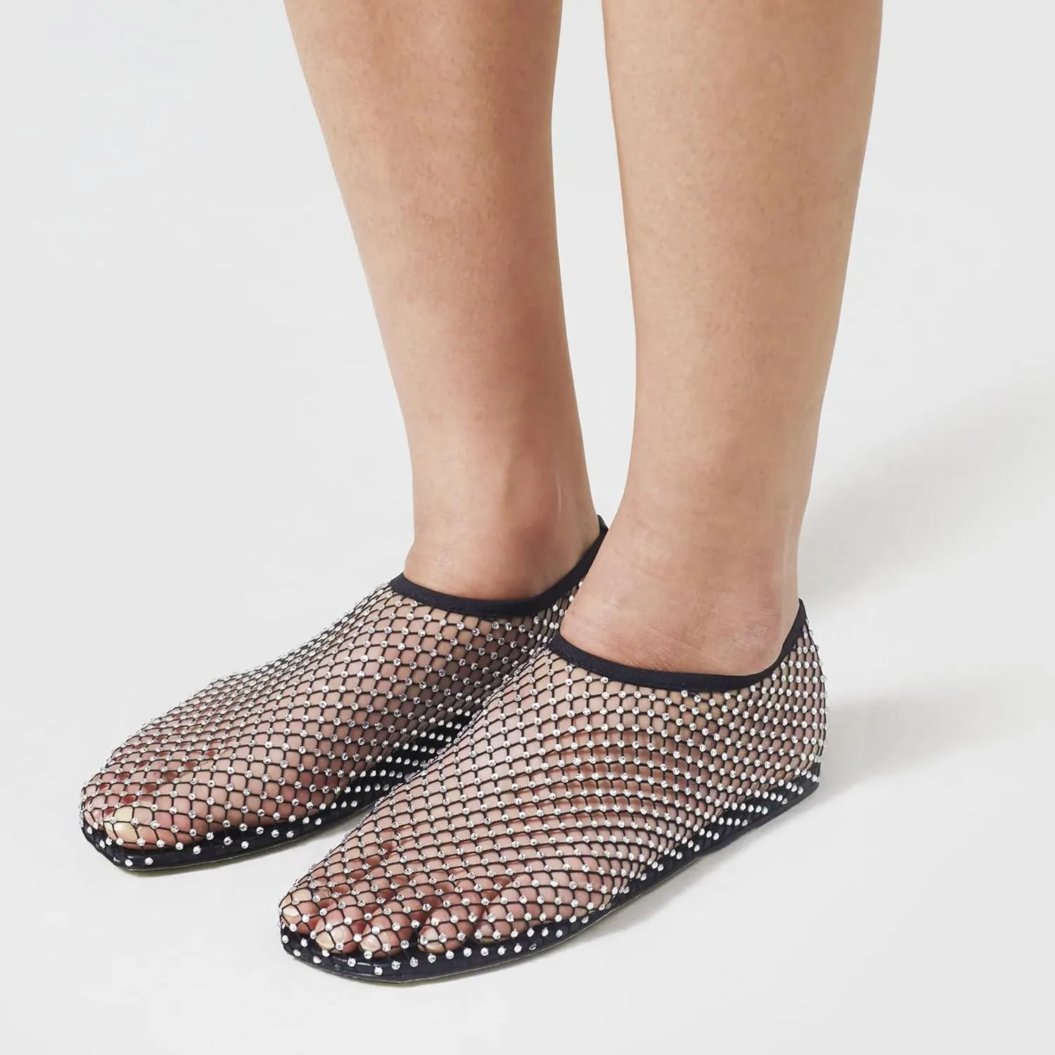 Crystal-Embellished Mesh Flats Square Toe Rhinestone Ballet Flat Slip On Ballerina Shoes Comfort Casual Glitter Flat Shoe for Woman