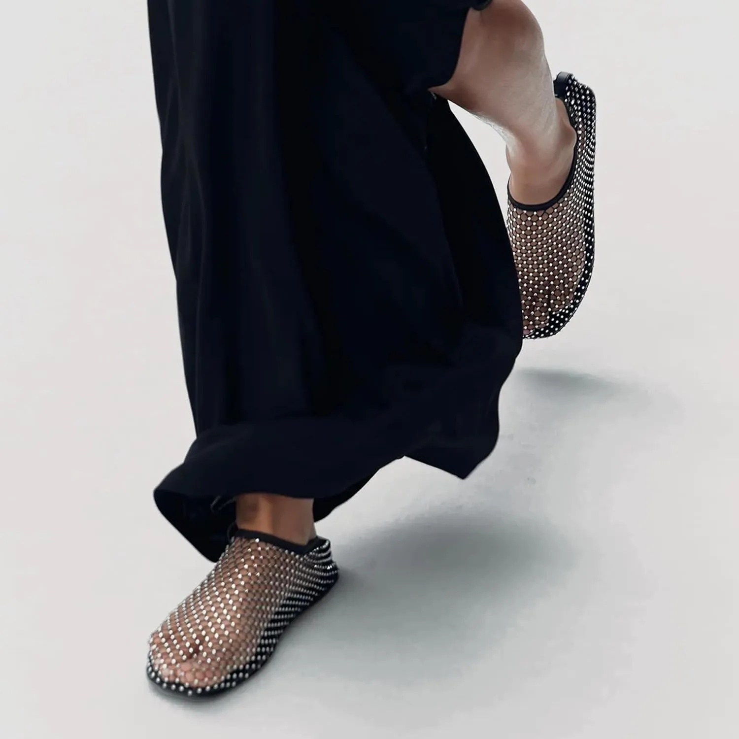 Crystal-Embellished Mesh Flats Square Toe Rhinestone Ballet Flat Slip On Ballerina Shoes Comfort Casual Glitter Flat Shoe for Woman