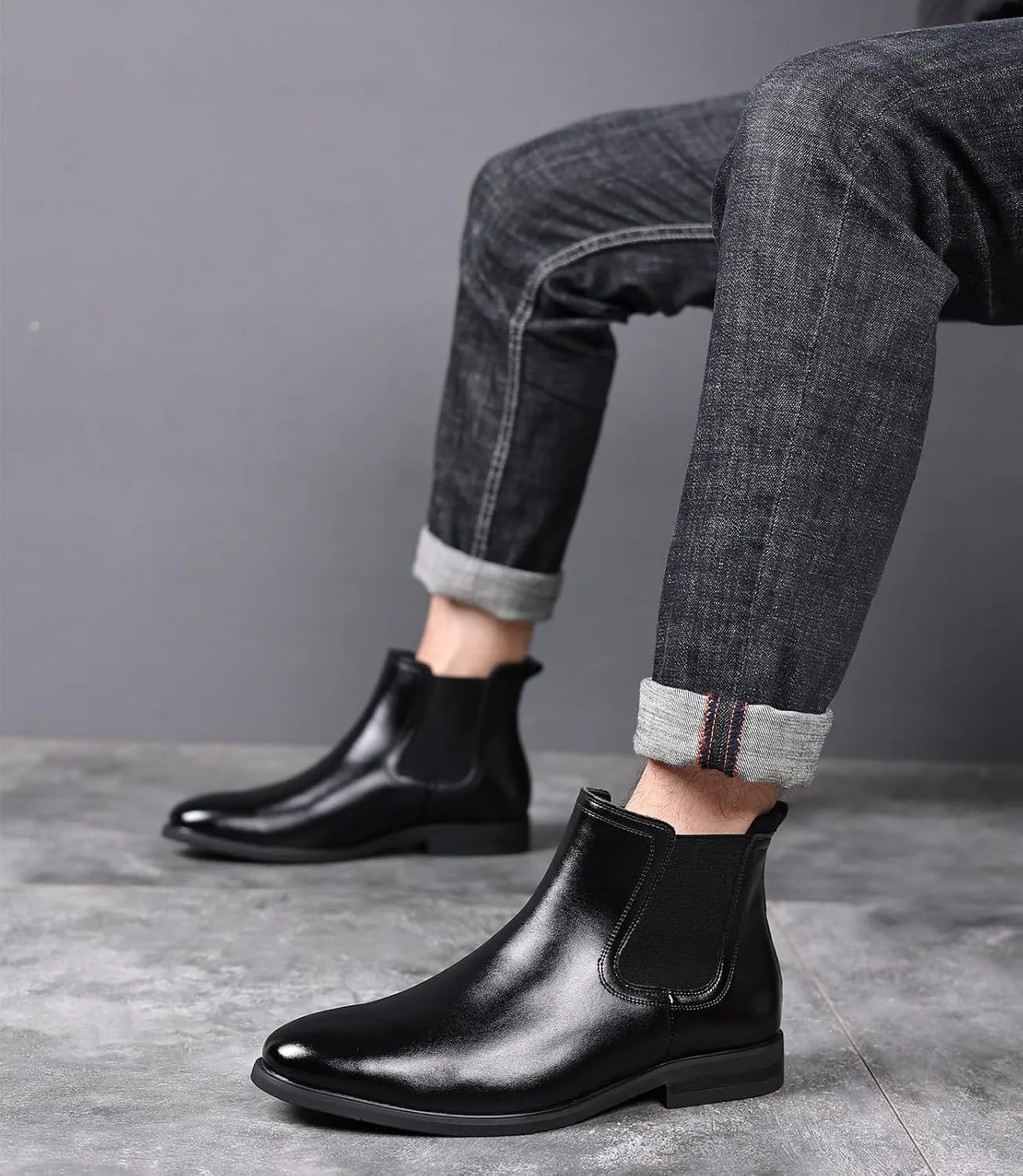 DADAWEN Men's Chelsea Boots Leather Casual Chukka Ankle Boots Classic Elastic Dress Boots for Men
