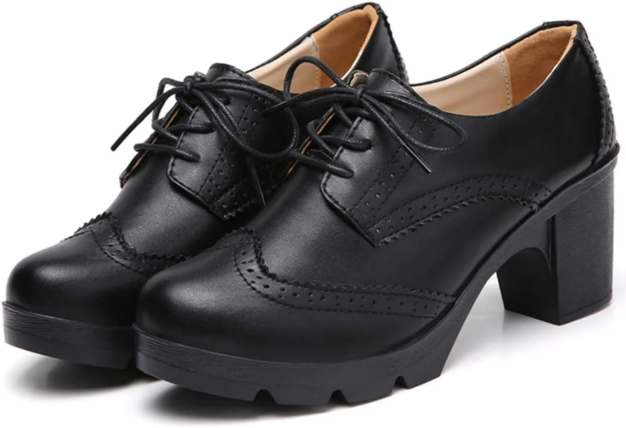 DADAWEN Women's Leather Classic Lace Up Platform Chunky Mid-Heel Square Toe Oxfords Dress Pump Shoes
