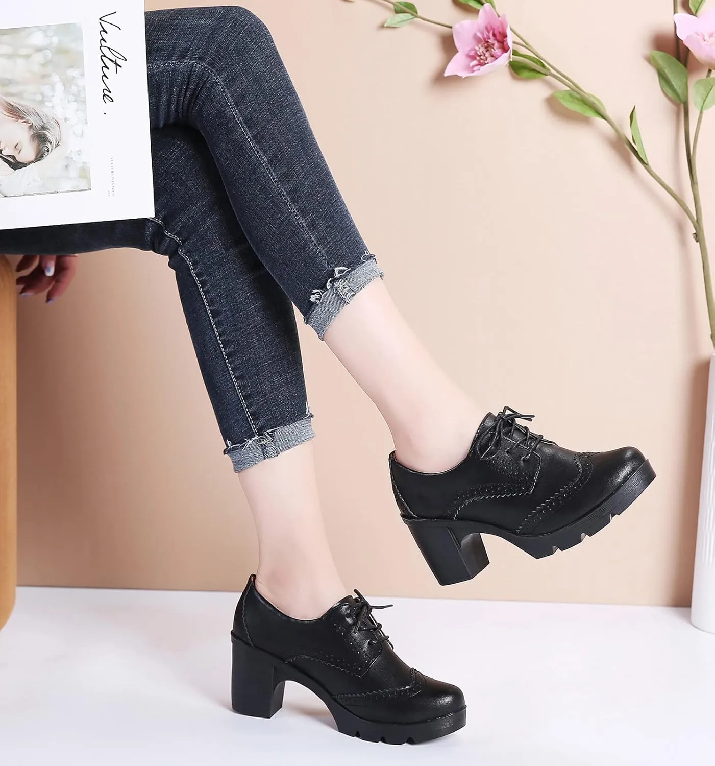 DADAWEN Women's Leather Classic Lace Up Platform Chunky Mid-Heel Square Toe Oxfords Dress Pump Shoes
