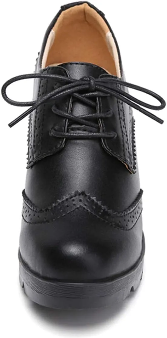 DADAWEN Women's Leather Classic Lace Up Platform Chunky Mid-Heel Square Toe Oxfords Dress Pump Shoes