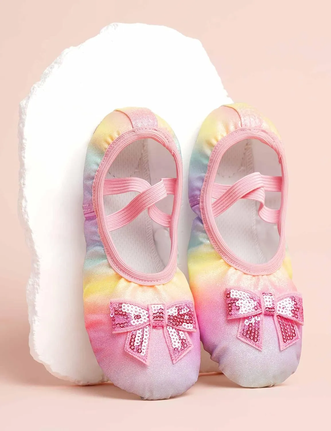 Dance Shoes for Girls Pink Ballet Flats Rainbow Glitter Ballerina Slippers with Elastic Laces