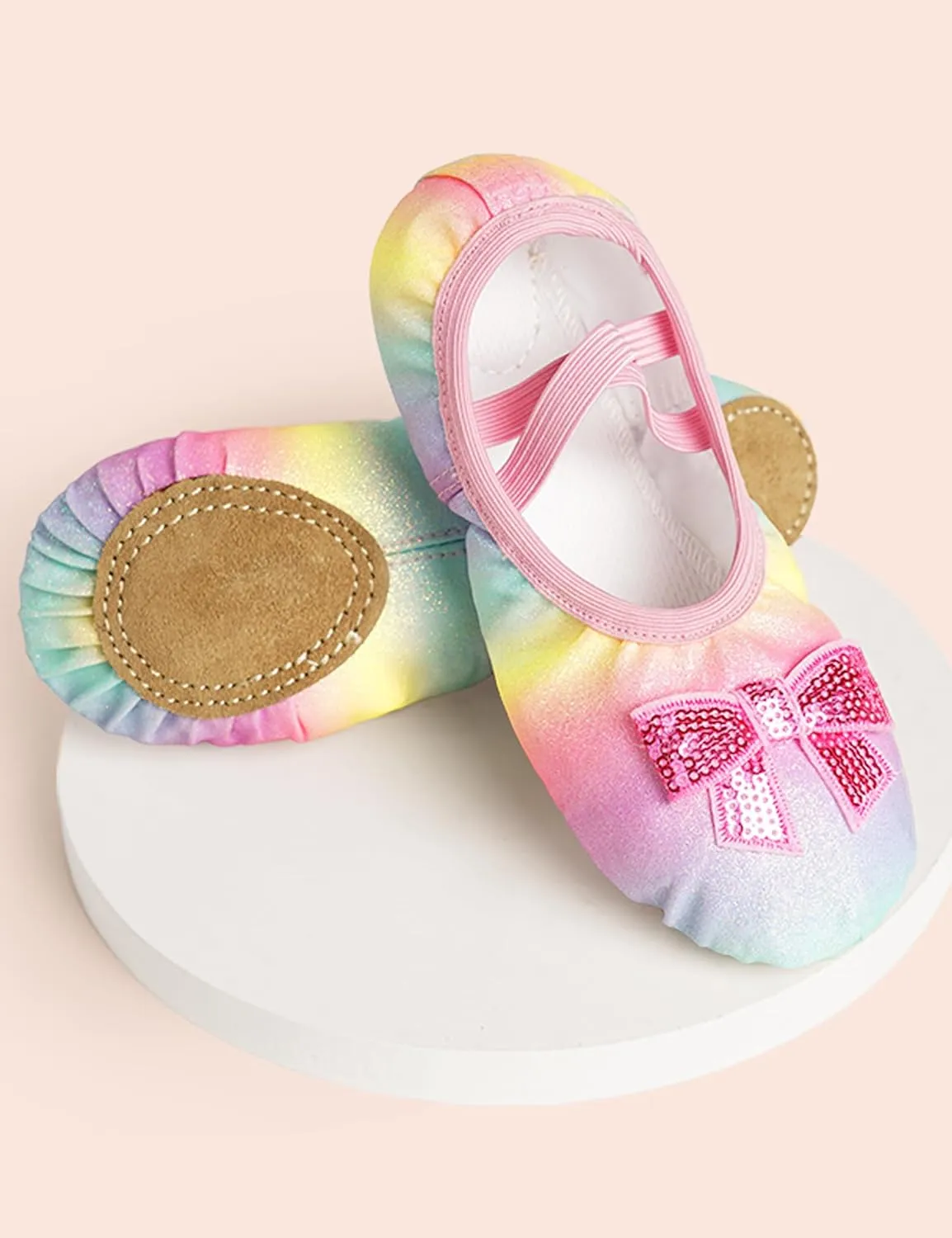 Dance Shoes for Girls Pink Ballet Flats Rainbow Glitter Ballerina Slippers with Elastic Laces